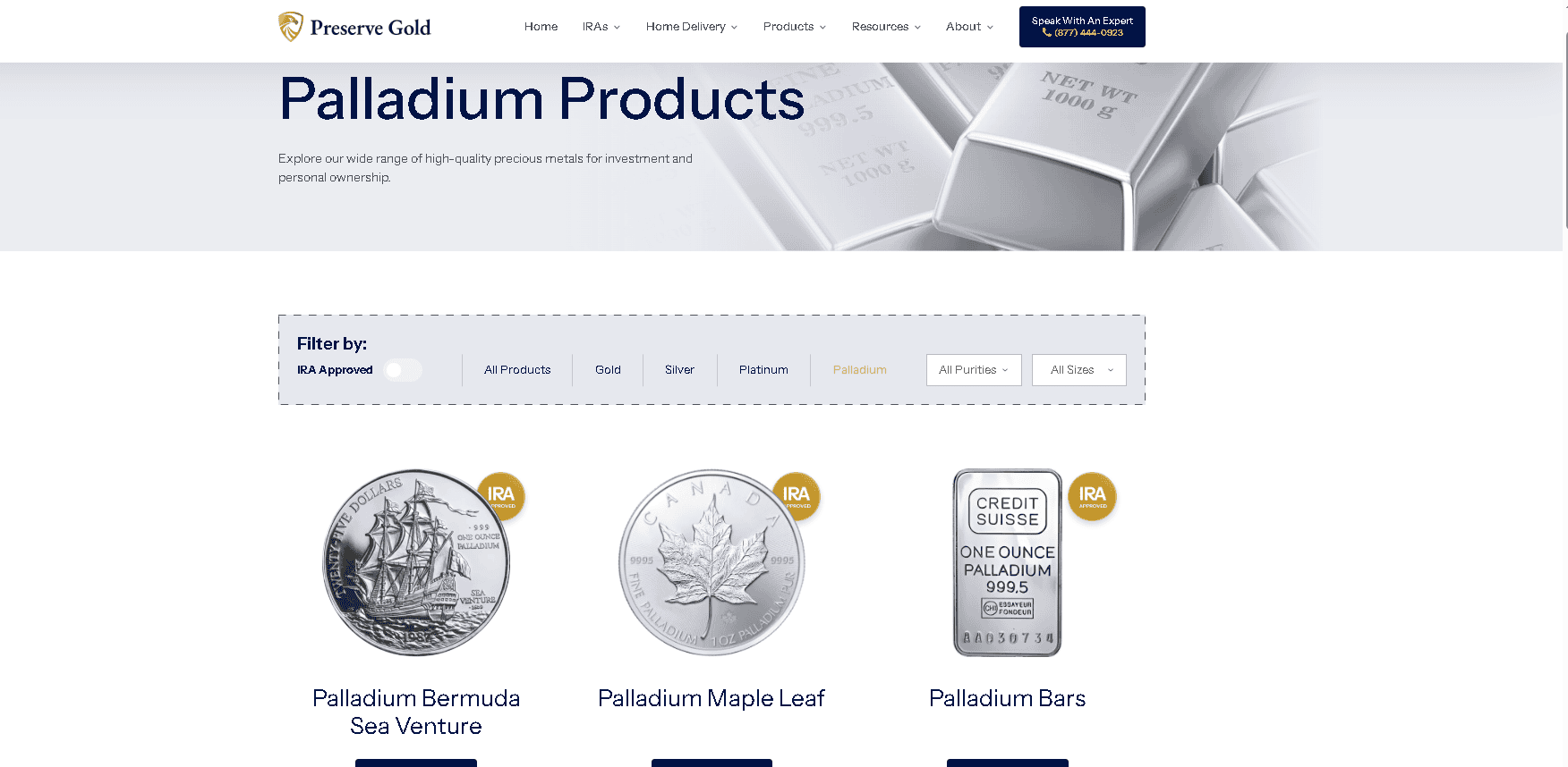 Preserve Gold sells IRA eligible palladium coins and bars.