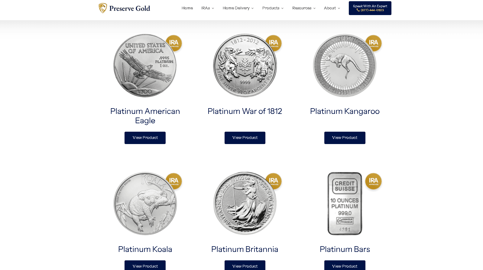 Preserve Gold sells IRA approved platinum coins and bars.