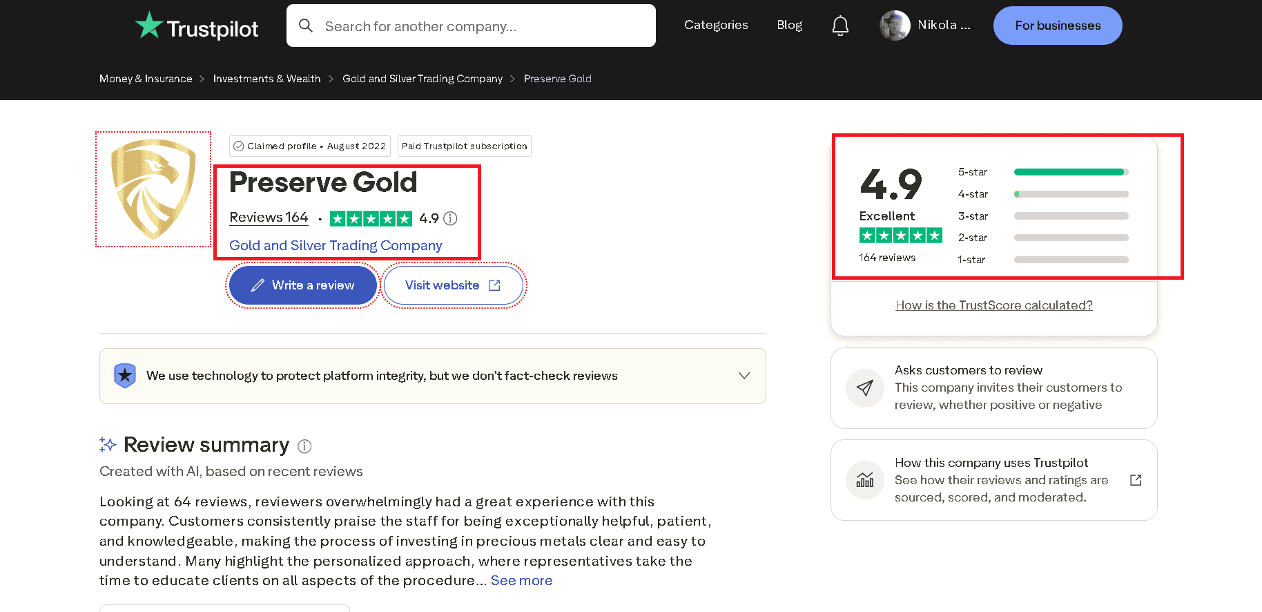 Preserve Gold's Trustpilot profile.