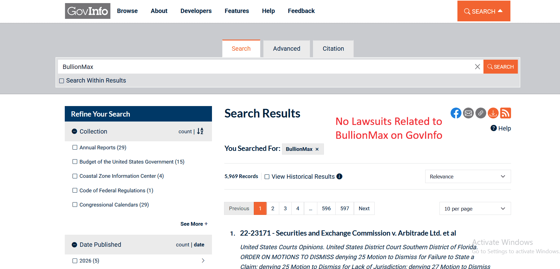 No BullionMax lawsuits found on GovInfo.