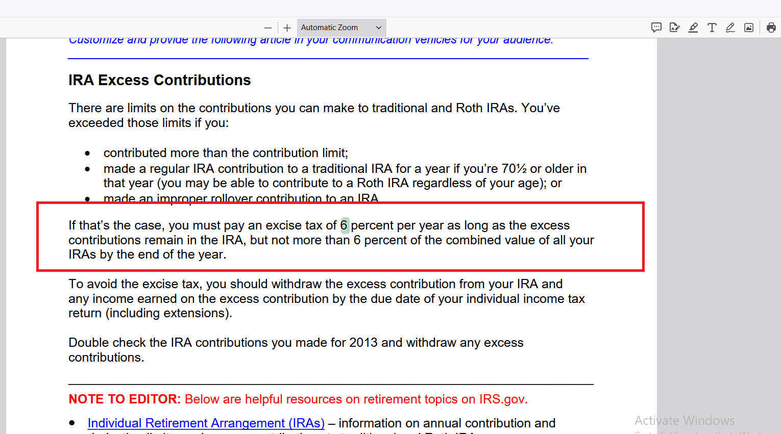 IRA excess contributions tax rules.