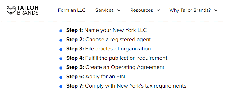 Steps to forming an LLC in NYC screenshot.