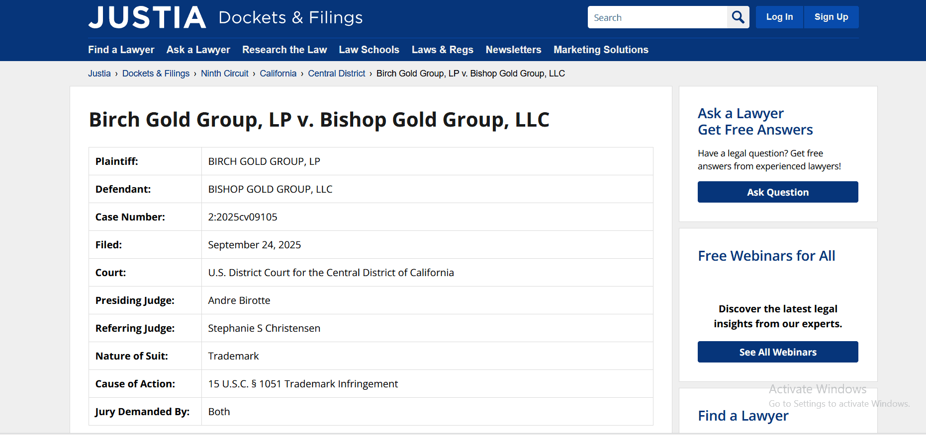 Lawsuit 1- Birch Gold Group, LP v. Bishop Gold Group, LLC 