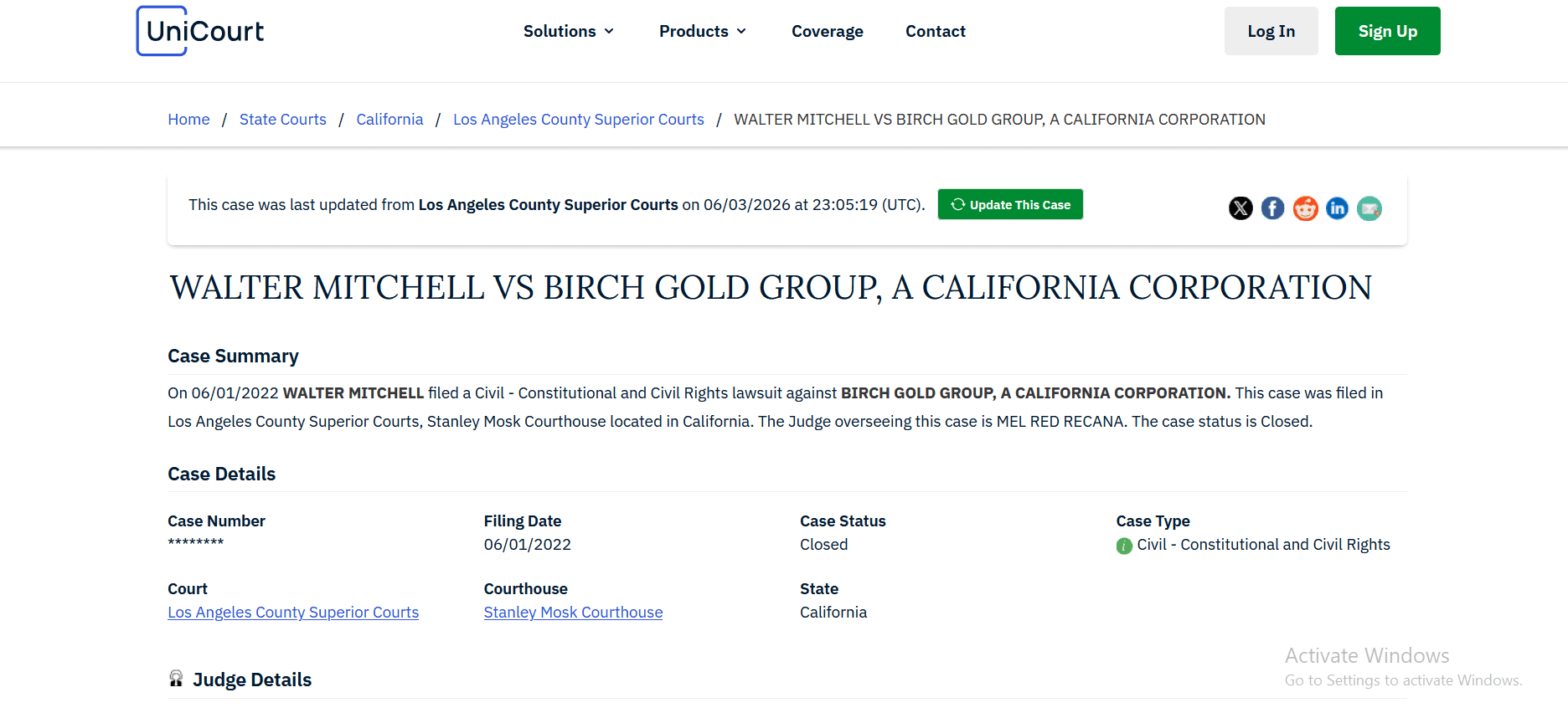 Lawsuit 2- WALTER MITCHELL VS BIRCH GOLD GROUP, A CALIFORNIA CORPORATION