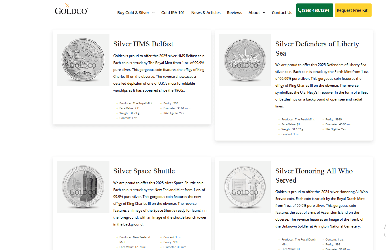 Goldco Precious Metals sells silver coins and bars.